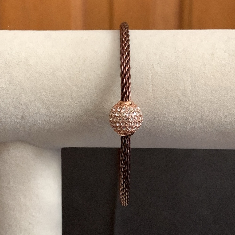 Rose gold tone and dark copper tone rhinestone twisted cable bracelet